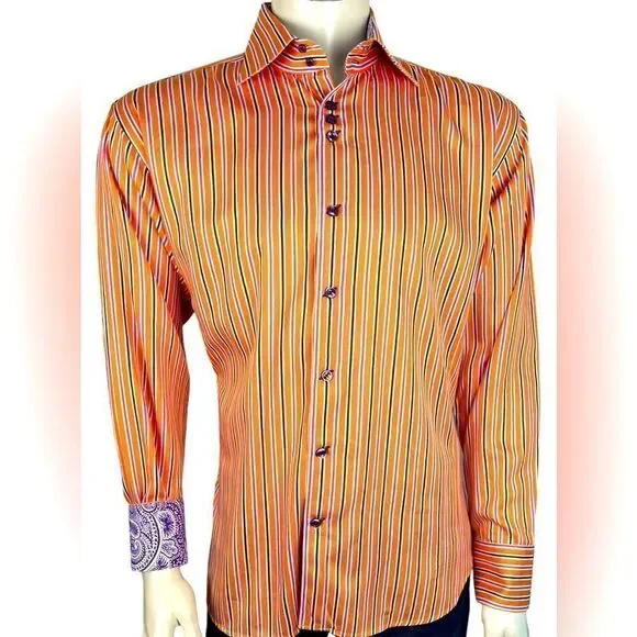 Striking Bertigo Tangerine/Hot Pink/Purple Striped L/S Dress Shirt NWOT Sz 5(XL) - Picture 1 of 9